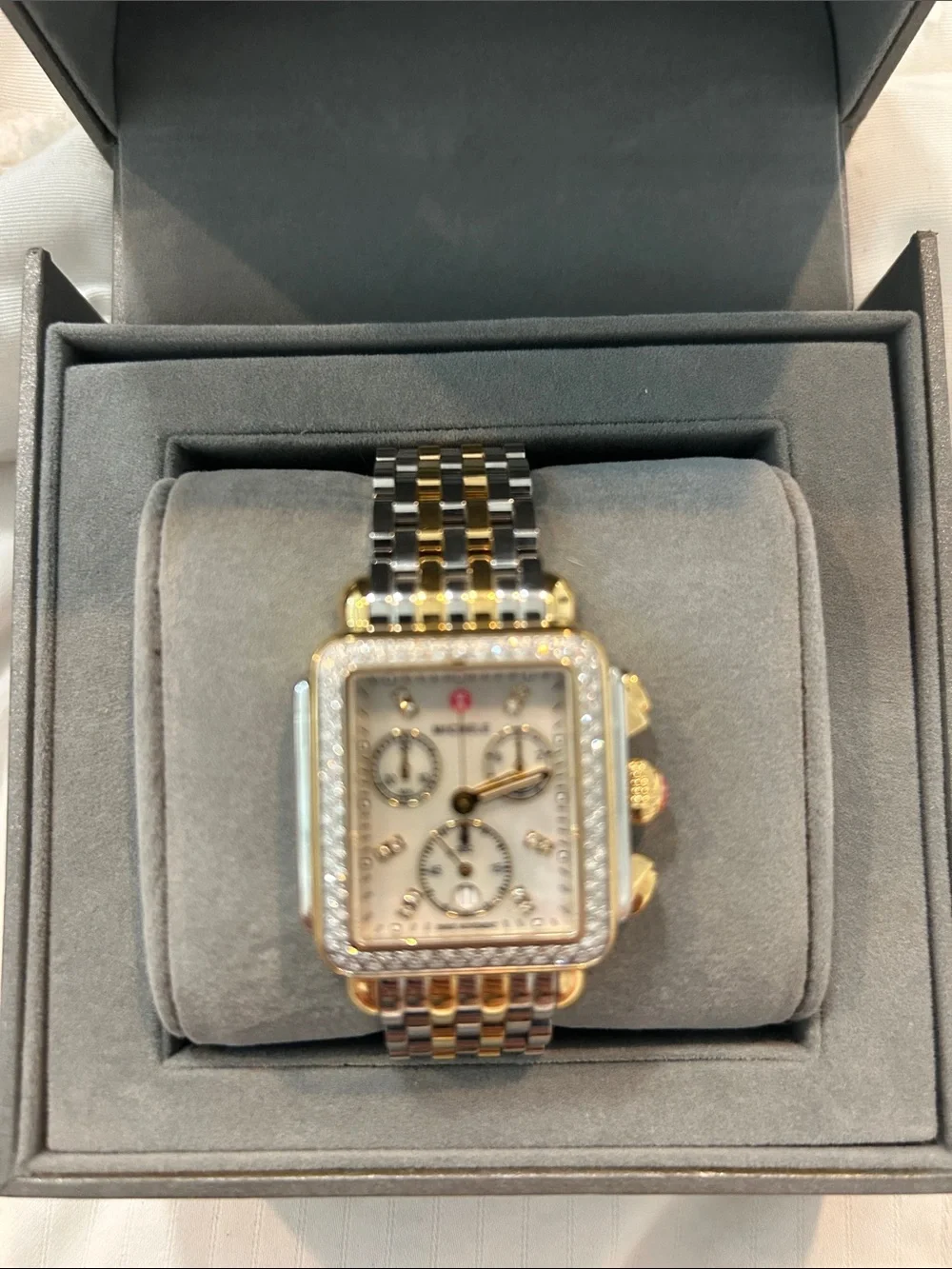 Michele Two-Tone Gold and Silver Diamond-Accent Deco Chronograph Watch - Picture 1 of 9